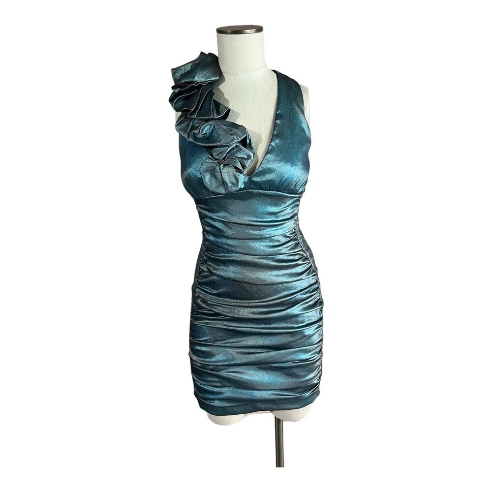 Vintage Y2K Cache Mini Formal Dress SIZE 6 Bodycon Ruffles Green Homecoming